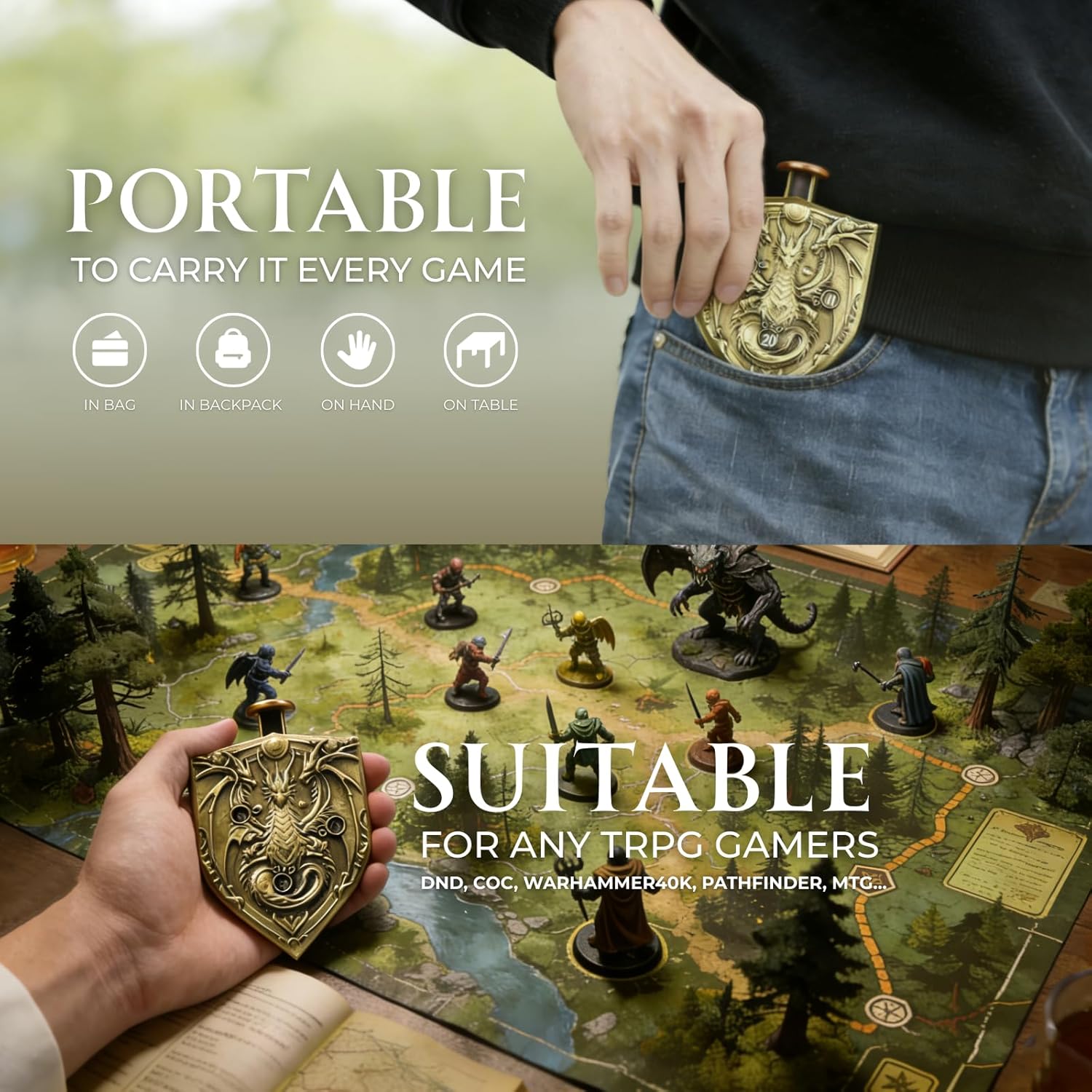 Mechanical Spinner Dice with Button-Activated Roulette Dice | 7-in-1 Shield Design Metal DND Dice Set for Tabletop RPG; D&D Gift for Gamers & DM (Dragon Emblem Shield Bronze) Brand: WizardsArcanum