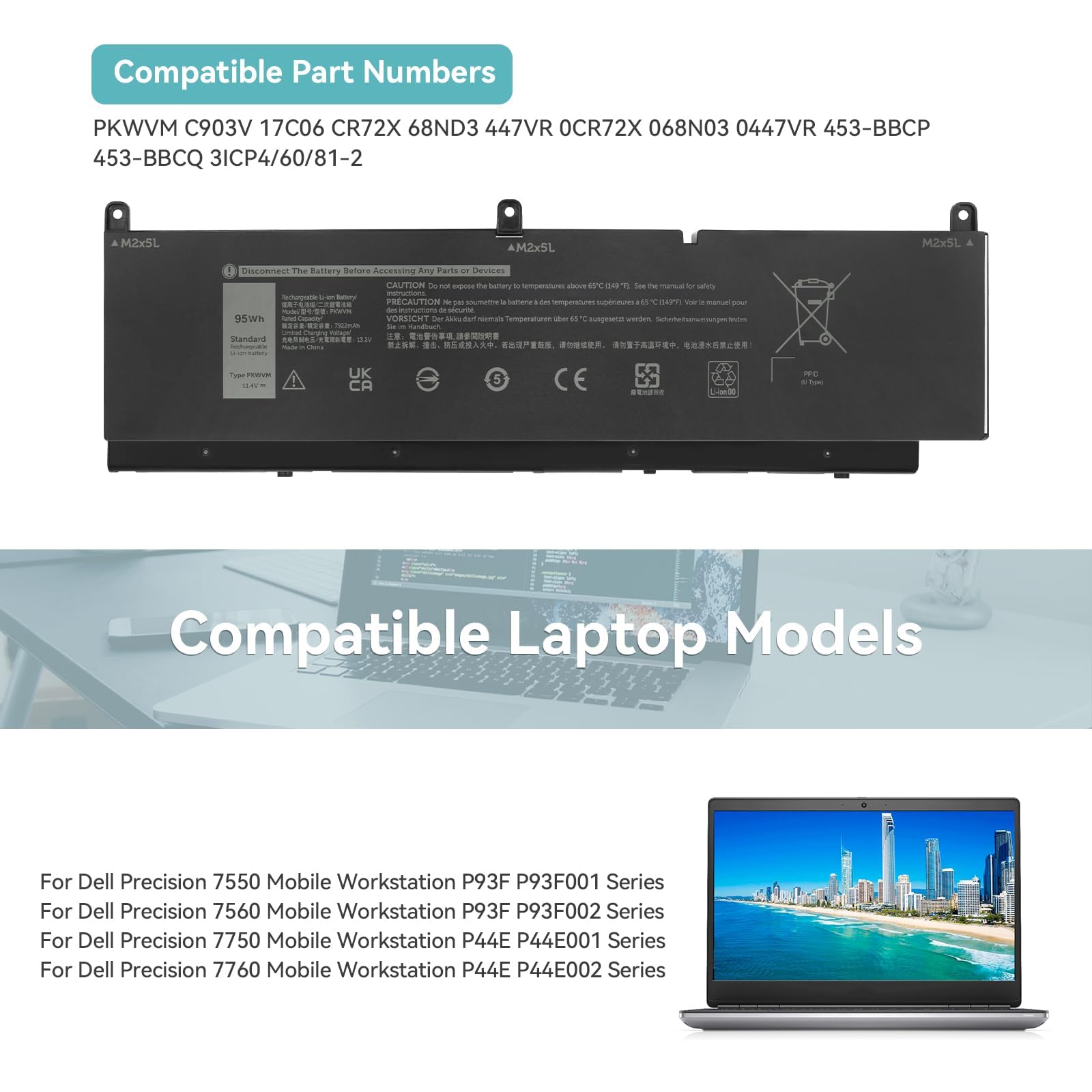 K KYUER 95Wh PKWVM Laptop Akku für Dell Precision 7550 7560 7750 7760 Serie Mobile Workstation P44E P93F P44E001 P44E002 P93F001 P93F002 C903V CR72X 0CR72X 0447VR 068N03 453-BBCQ Notebook Battery