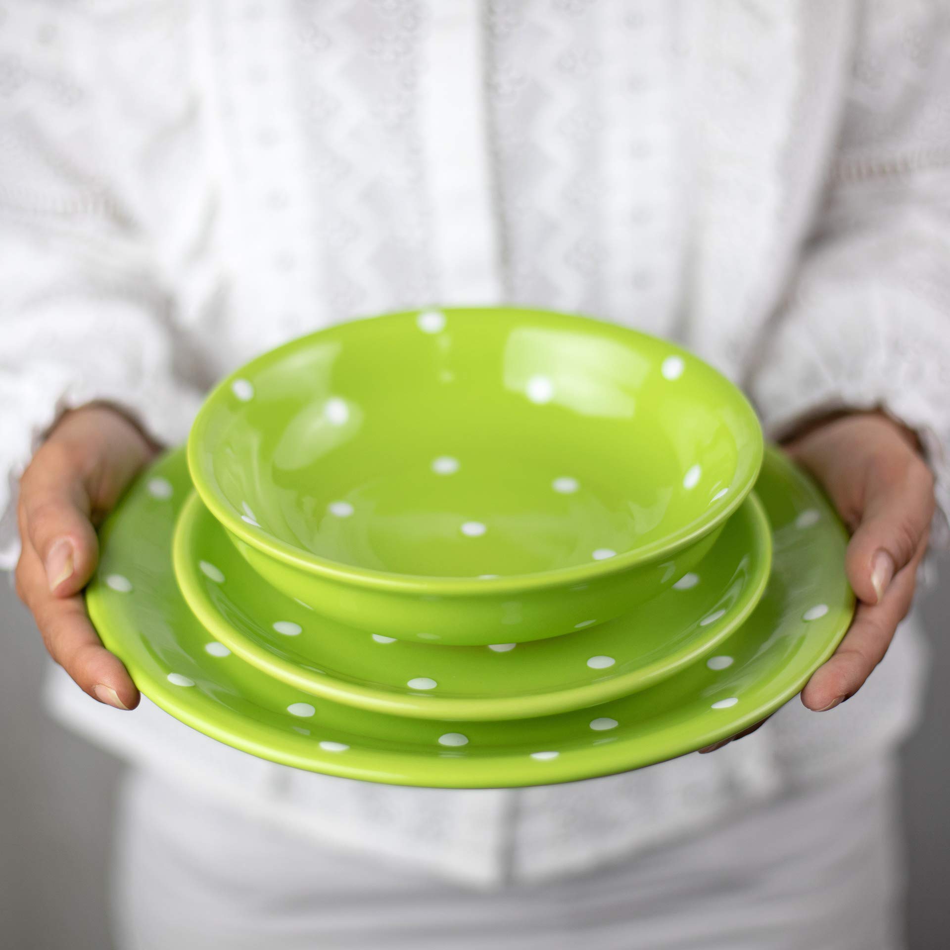 Bol En Céramique City To Cottage – Vert Citron Et Blanc – Motif Pois – Fait Main – 18,5 Cm / 400 Ml
