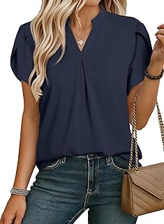 Women's Dressy Casual Business Work Chiffon Blouses Tops Summer V Neck Cute Loose Petal Short Sleeve T-Shirts