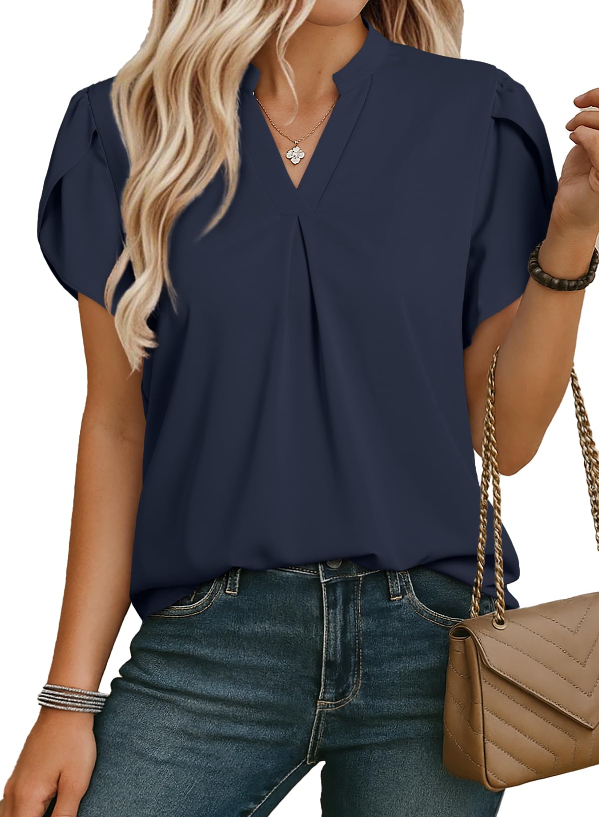EVALESS Women's Dressy Casual Business Work Chiffon Blouses Tops Summer V Neck Cute Loose Petal Short Sleeve T-Shirts
