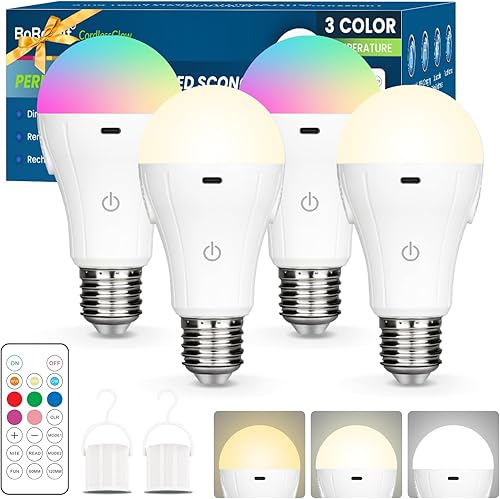 Miniatura 8 de CordlessGlow - Bombillas recargables con control remoto, 5 RGB + 3 CCT regulables, funciona con pilas, para lámparas cableadas y sin cableado,