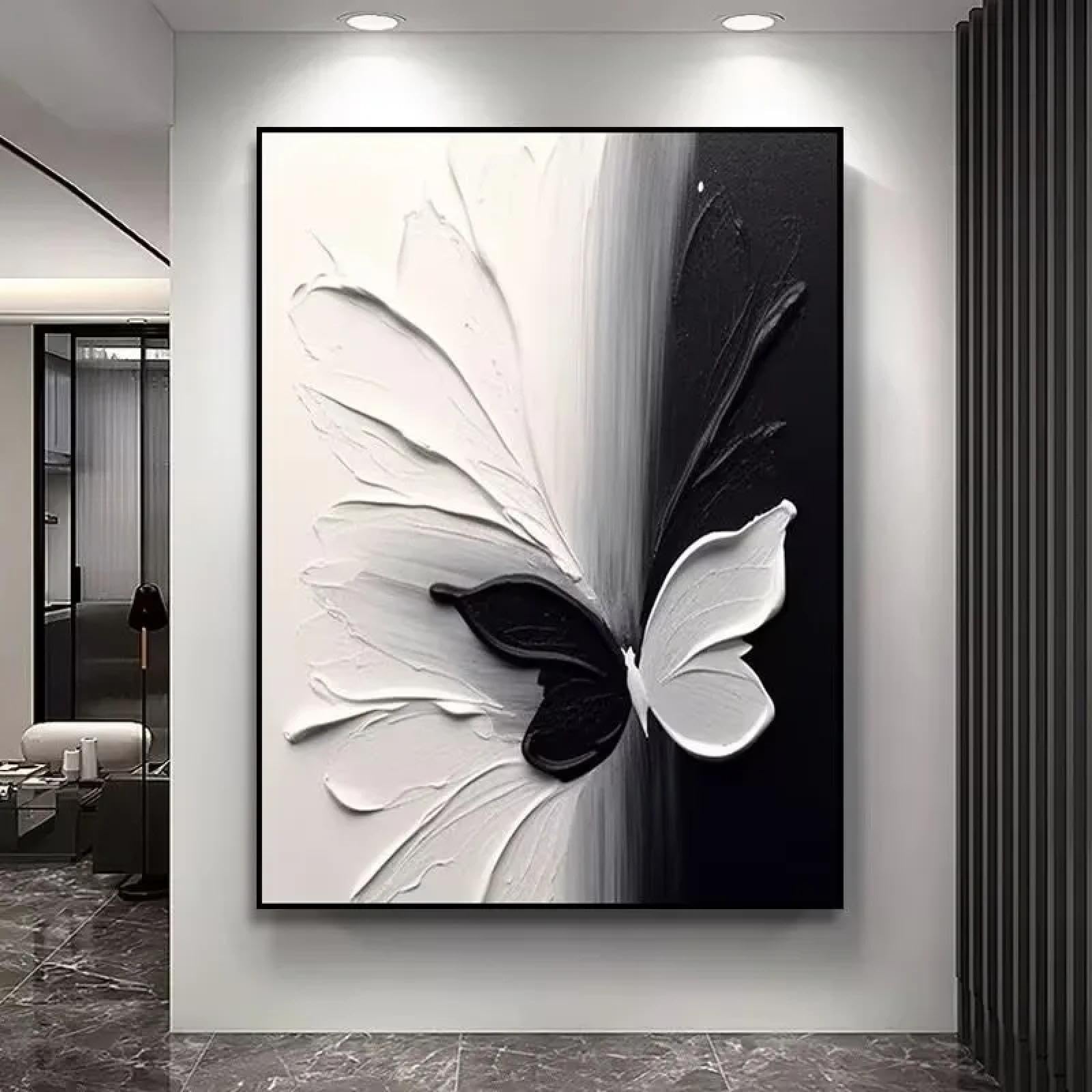 Piękny obraz do dekoracji wnętrz, farba teksturowana, biały i czarny motyl, plakat ścienny do salonu, ramka 50x70cm