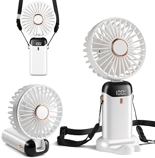 Mini-Handventilator, Typ-C wiederaufladbar, Ventilator mit Digitalanzeige, 90° faltbar, 5-Speed Wind, Handheld/Hals/Schreibtisch 3 in 1 persönlicher kleiner Ventilator (Schneespitze Weiß)