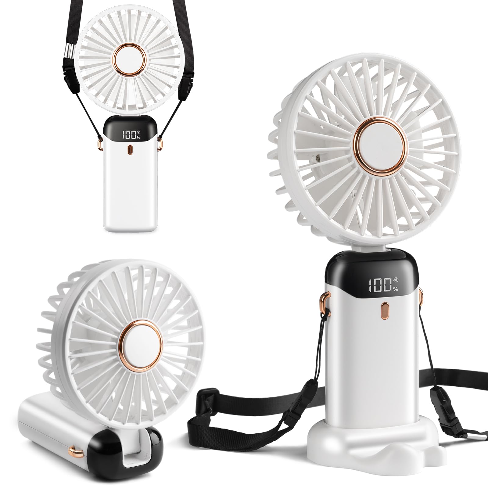Pulselala Mini-Handventilator, Typ-C wiederaufladbar, Ventilator mit Digitalanzeige, 90° faltbar, 5-Speed Wind, Handheld/Hals/Schreibtisch 3 in 1 persönlicher kleiner Ventilator (Schneespitze Weiß)
