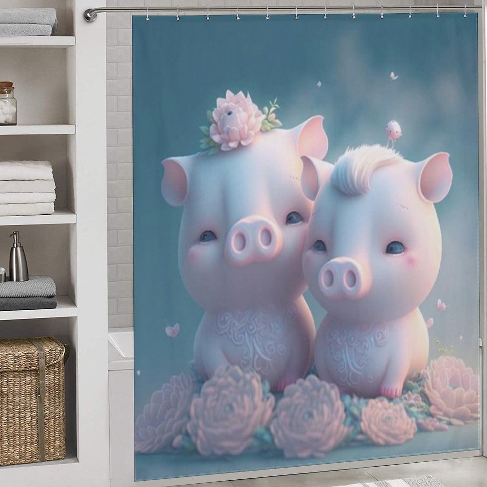 Rideau de douche cochon mignon en tissu imperméable et lavable 183x183 cm pour baignoire salle de bain
