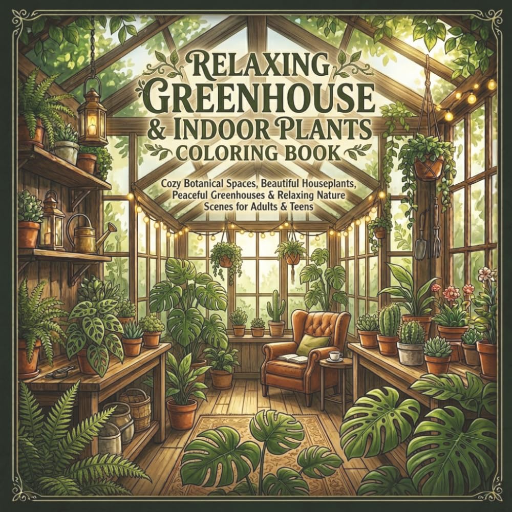 Relaxing Greenhouse & Indoor Plants Coloring Book: A Cozy Botanical Coloring Book Featuring Greenhouses, Houseplants, Succulents, Tropical Plants, and ... Scenes for Stress Relief and Relaxation