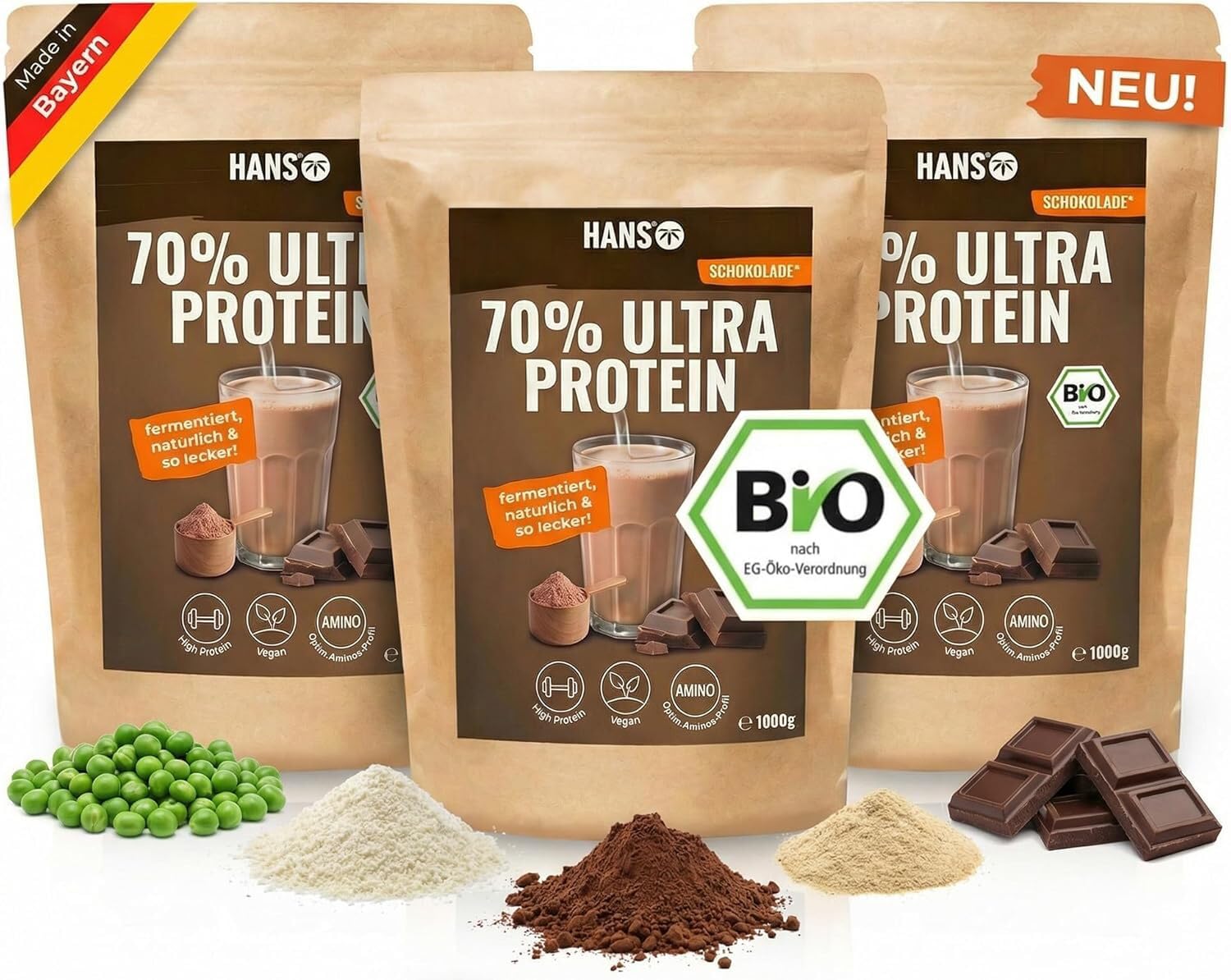 HANS Brainfood Veganes Proteinpulver Schoko - Bio Zertifiziert aus Bayern – 70% fermentiertes Erbsenprotein ohne Süßungsmittel, cremig & gut löslich – Protein Pulver vegan (3000g)