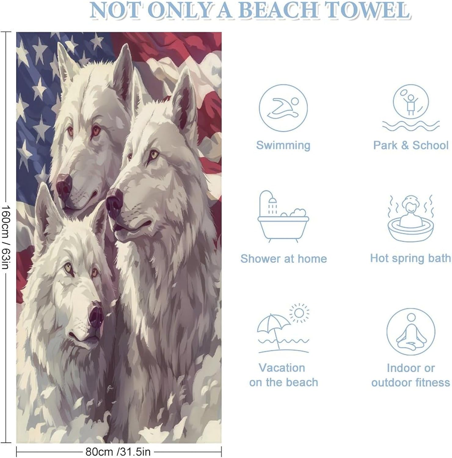 White Wolf American Flag Bath Towel Beach Towels Quick Dry Oversized Bath Blanket Highly Absorbent Towel for Women Men 160x80cm