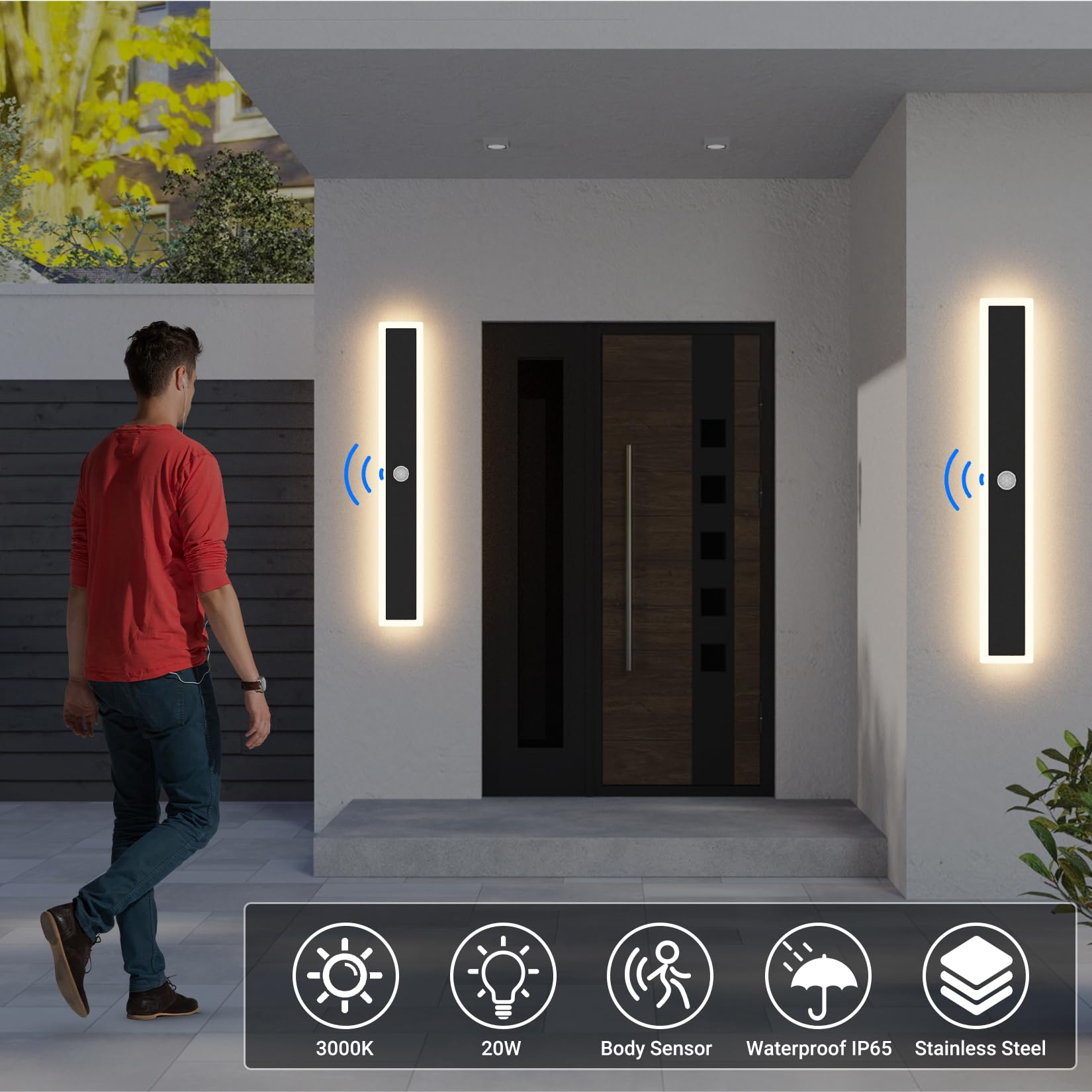 Klighten LED Lange Wandleuchte Außen/Innen Wandlampe, Außenwandleuchte mit Bewegungsmelder 60CM/20W, IP65 Außenleuchte Edelstahl+Acryl, Außenlampe für Villa/Terasse, Warmweiß 3000K, Schwarz