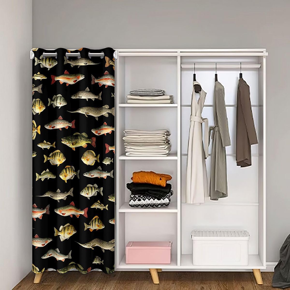Castle Fairy Fishing Door Curtain Vintage Pike Fish Blackout Curtain for Doorway Living Room Fishing and Hunting Privacy Curtains Cover Kids Boys Girls Black Door Drape 52"×80" 1 Panel image 2