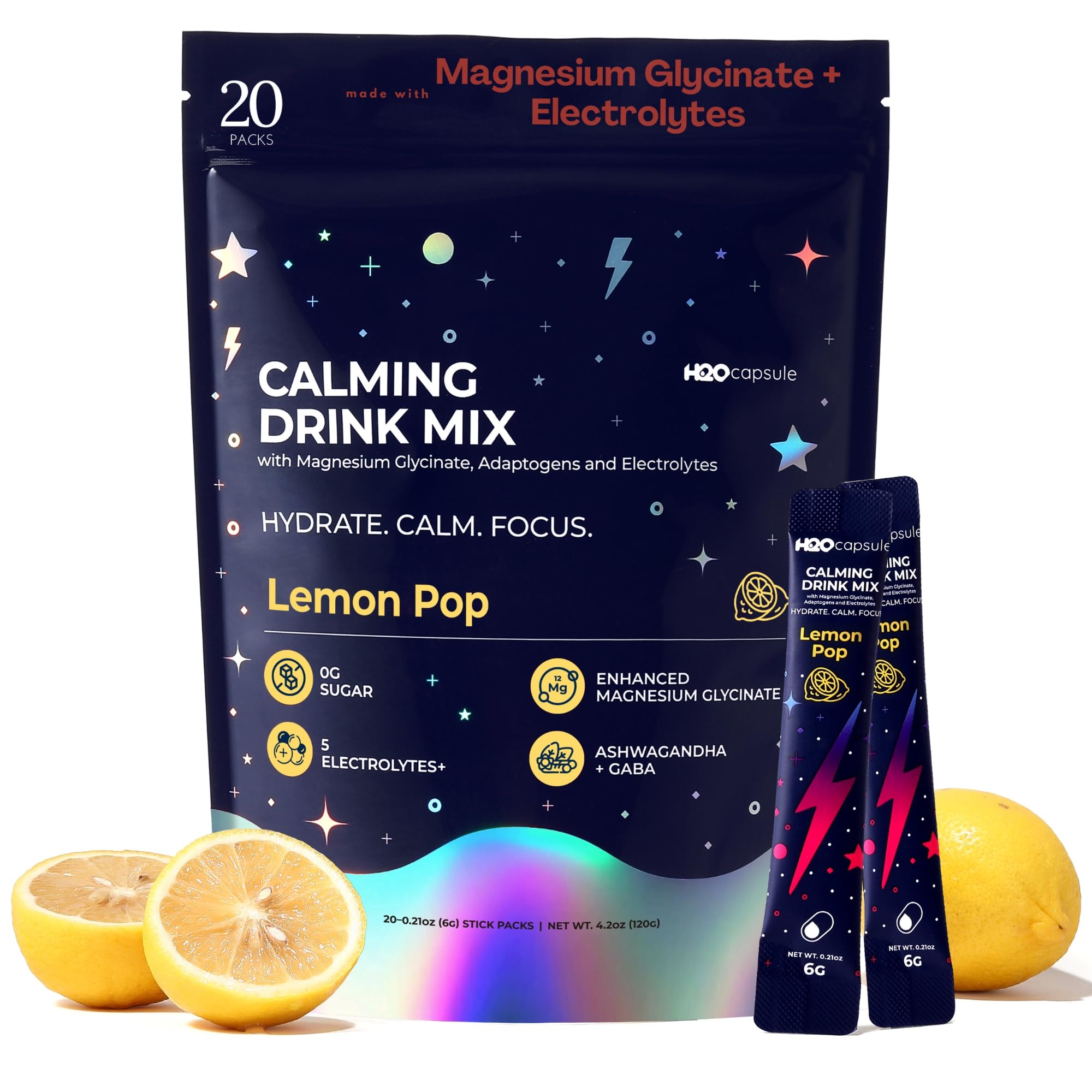 Calm Magnesium Glycinate Powdered Drink Mix with Electrolytes – Sugar Free with Ashwagandha, L-Theanine, Vitamin B6 & GABA – Cortisol Support, Stress Relief, Hydration & Focus - 20 servings (Lemon) Lemon Pop 4.2 Ounce (Pack of 1)