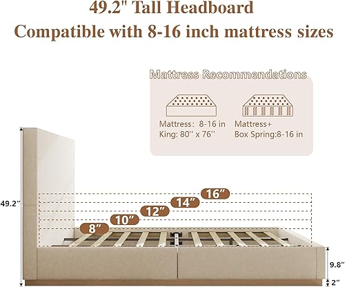 Miniatura 5 de Base de cama tamaño Queen con cabecera, cama de terciopelo con base de madera y listones, base de colchón resistente, opción de somier, sin ruido,