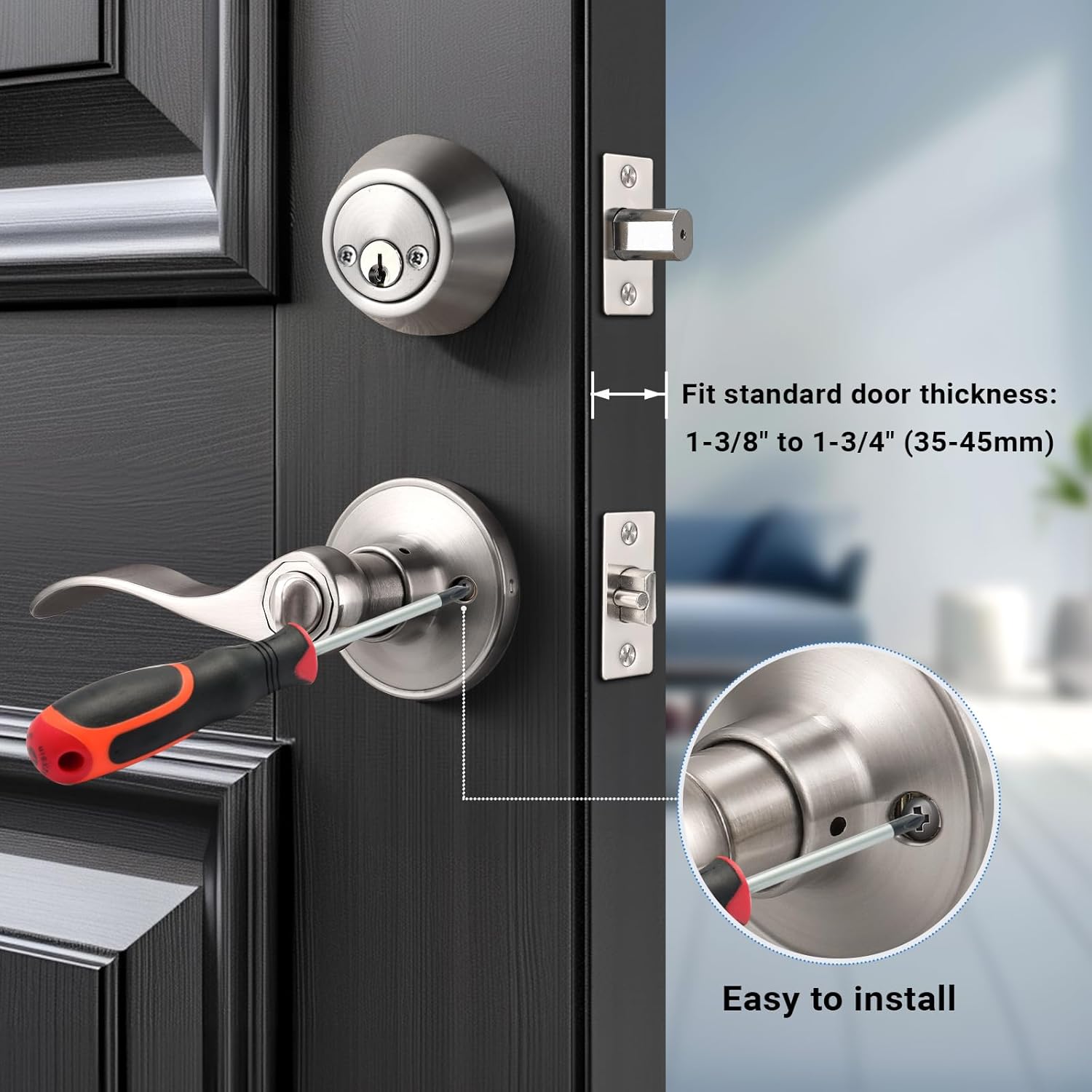 Knobonly 2 Pack Keyed Alike Front Door Handle with Double Cylinder Deadbolt, Satin Nickel Exterior Door Lock Set, Zinc Alloy