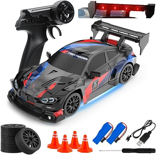 Coche de deriva a control remoto a escala 124 para niños, 2.4 GHz, 20 KMH, 4WD, autos RC de alta velocidad con luz LED, dos baterías y neumáticos de