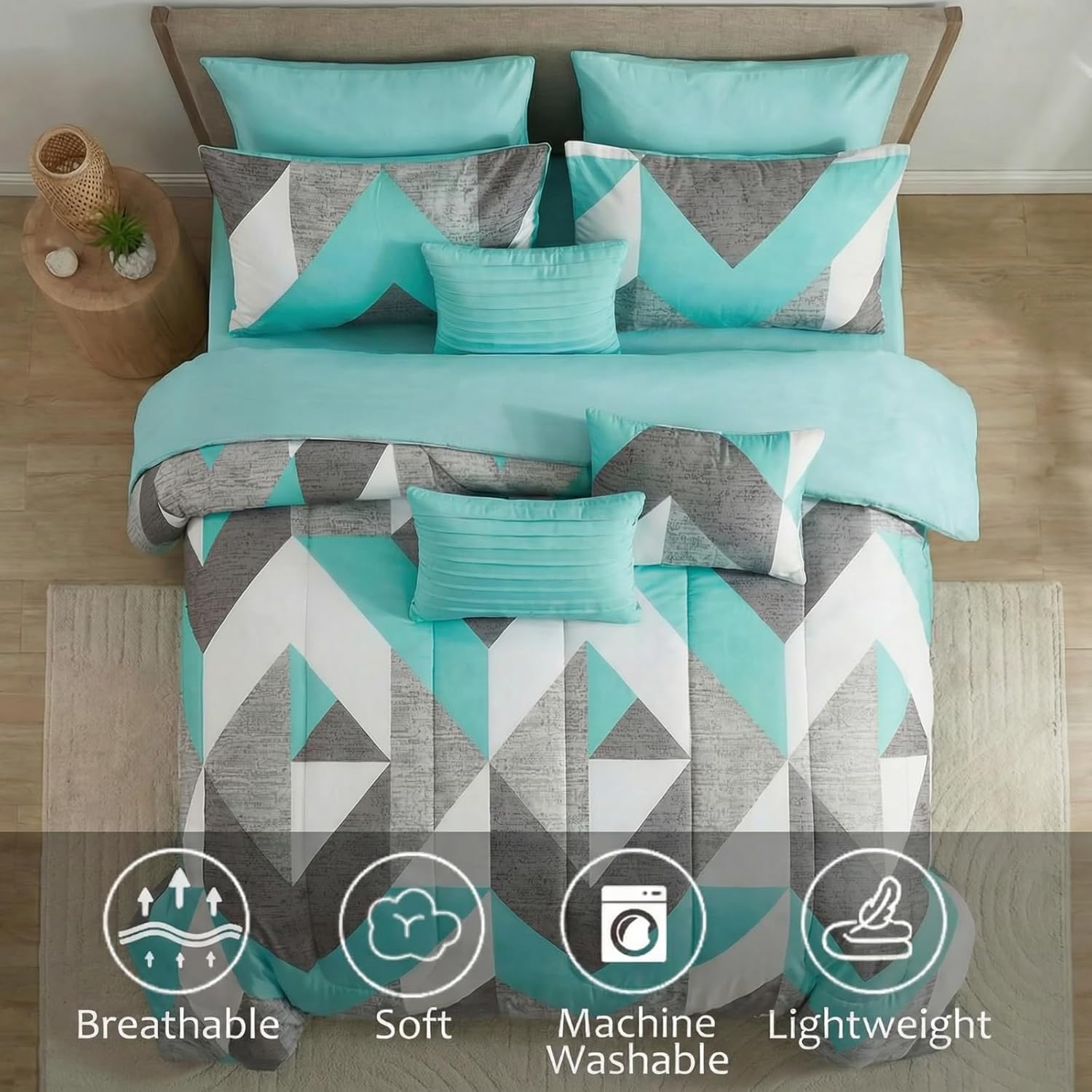 Bedbay Grey and Teal Comforter Set Teal Bedding Full Size Bed Sheets and Comforter Set Geometric Chevron Full Bed Set Soft Lightweight Comforter Bed in a Bag 8 Pieces(Teal&Grey,Full) - Image 5