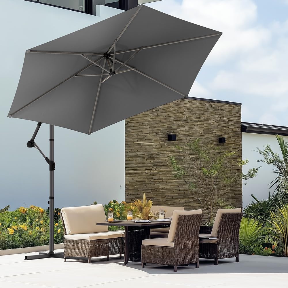 VOUNOT Ampelschirm 300 cm, Sonnenschirm mit Ständer, Kurbel, Windsicherung und Abdeckung, 360° drehbar & neigbar, Stabiler Gartenschirm für Terrasse, Balkon & Garten, Marktschirm UV-Schutz, Grau
