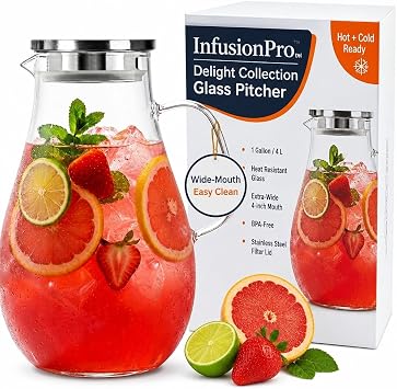 Infusion Pro 1 Gallon Glass Pitcher with Lid, Heat Resistant for Hot/Cold Use, Extra-Wide 4" Mouth, Great Iced Tea Pitcher | Delight Collection, 1 Gallon, 4 L