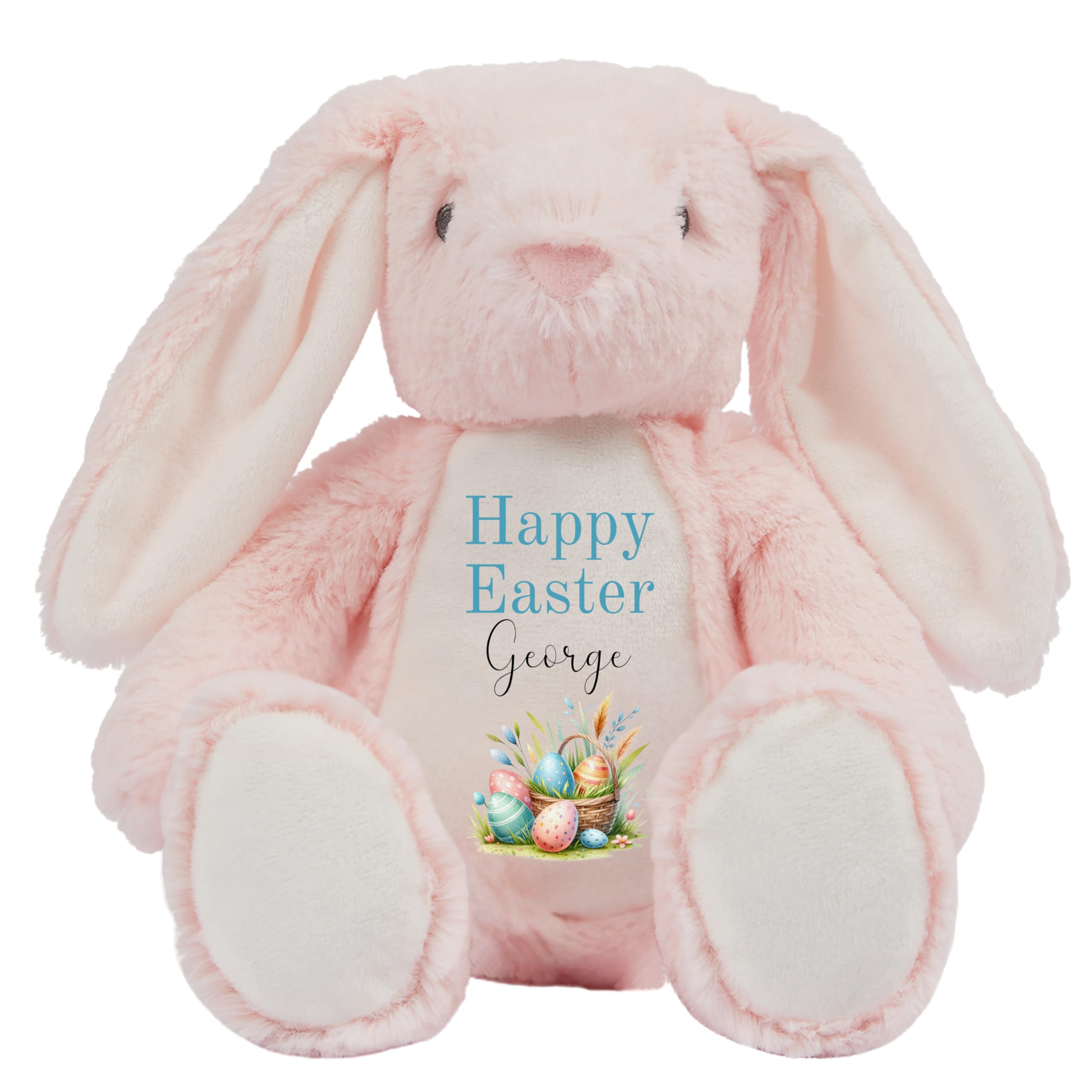 HotScamp Personalised Easter Bunny with Name - Happy Easter Egg Basket Blue - Soft Toy for Baby, Toddler, Children, Kids, Babies Spring Time - Blue Letter Pin Bunny