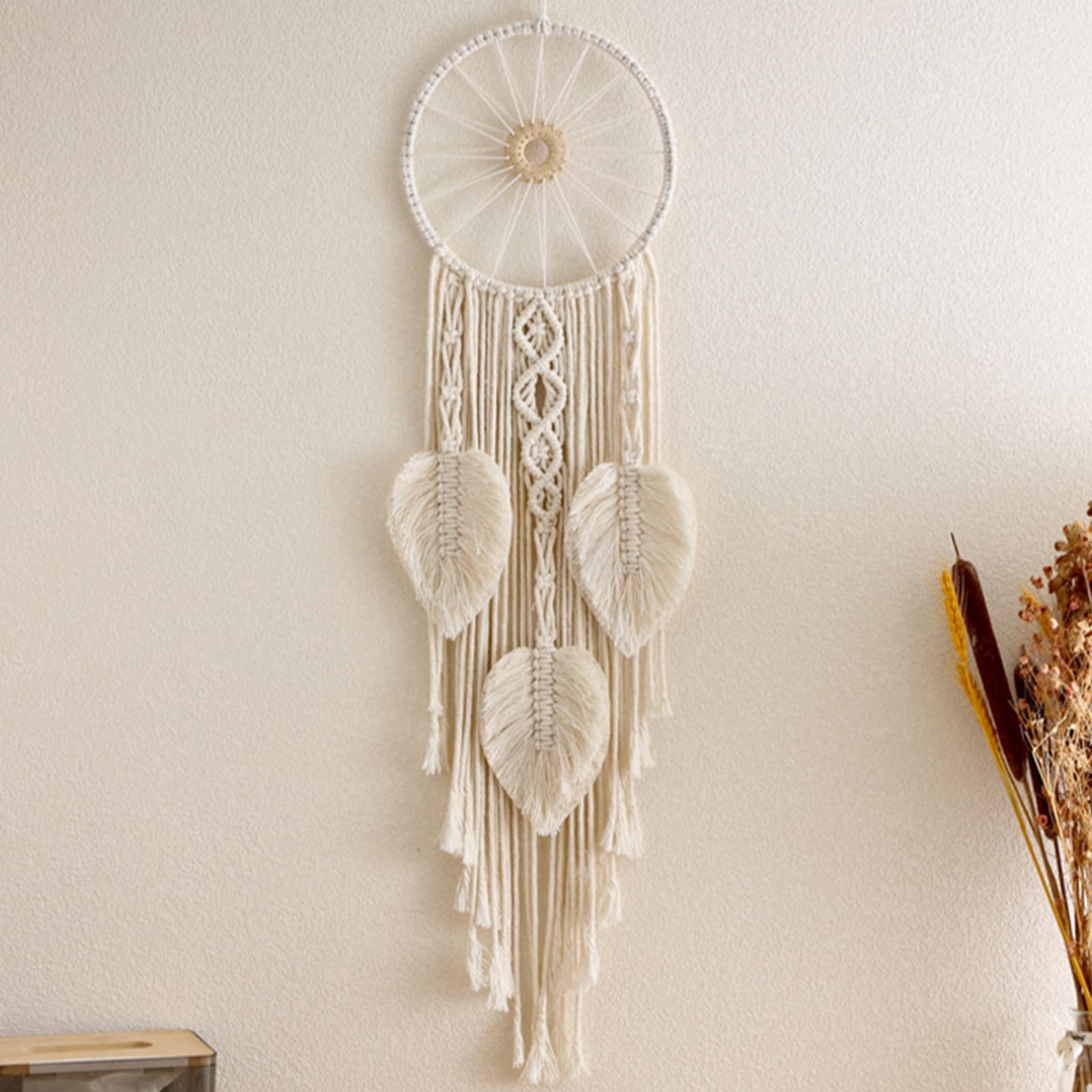 Attrape-rêves feuille tissée double cercle macramé tenture murale beige