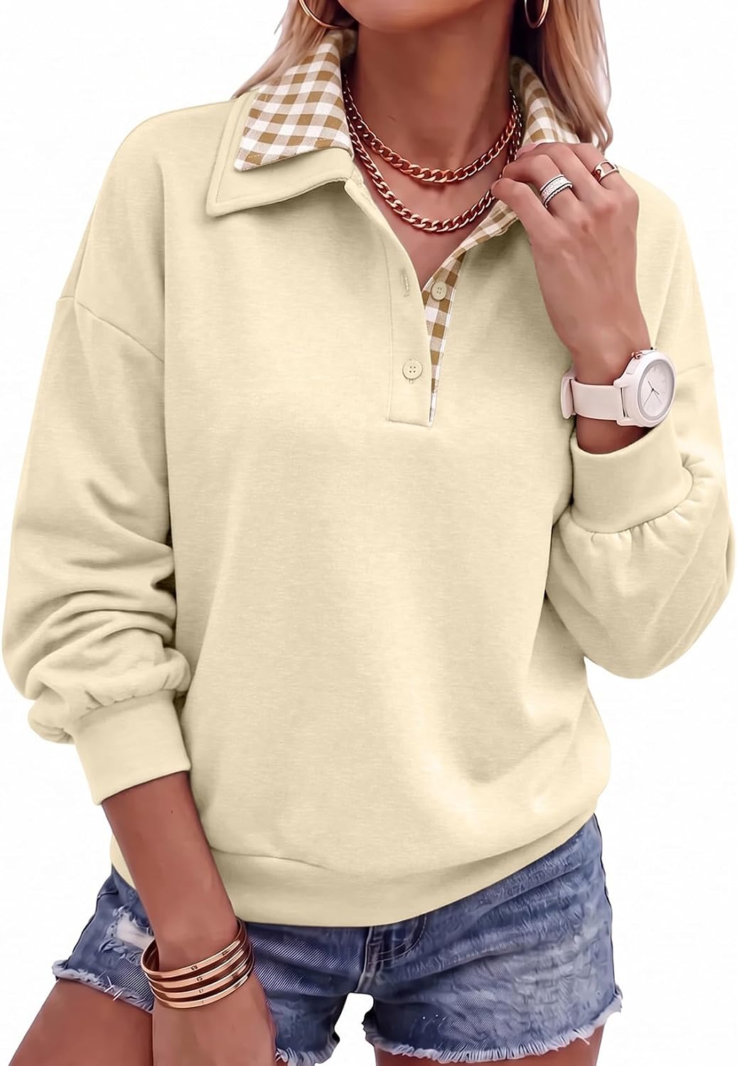 Dokotoo Women's 2026 Fall Collar Neck Plaid Pullover Sweatshirt Loose Tops