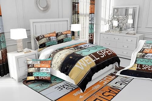 Miniatura 6 de Manfei Lake Cabin - Sábana bajera ajustable tamaño matrimonial, funda de cama de tablones de madera vintage con 2 fundas de almohada, juego de ropa