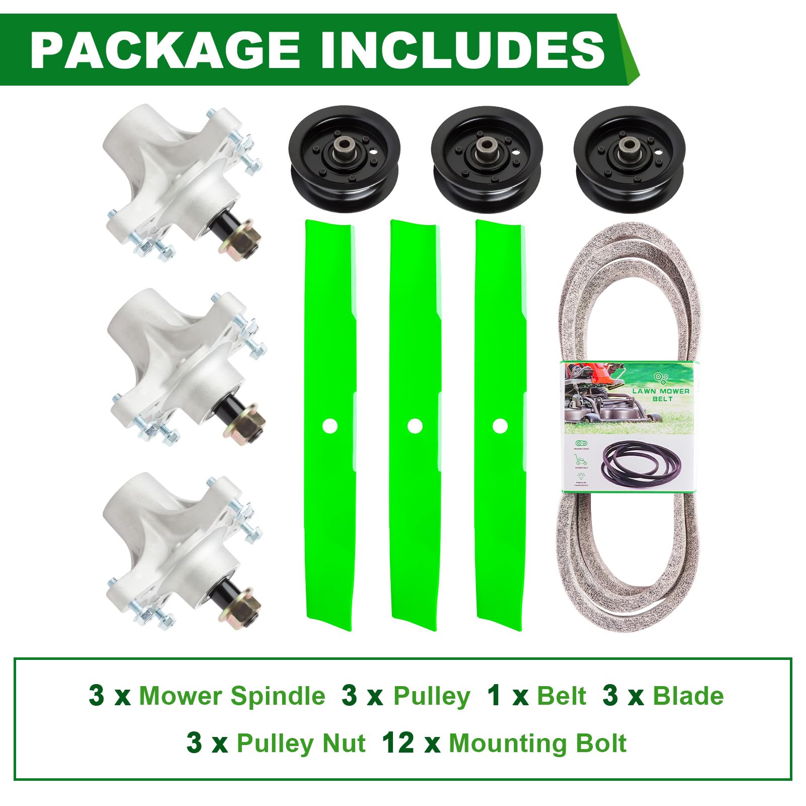 Kit de reconstrucción de cubierta para husillos, cuchillas, correa de polea a cortador de tiempo ro Z5000, Z5020, Z5030, incluye 3 husillos 117-7268, 3 cuchillas 110-6837-03 112-9759-03 1/2 pulgadas 1
