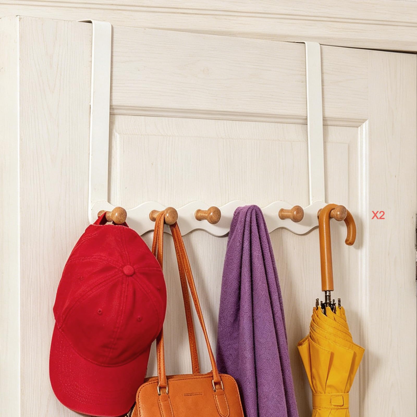 Mythosurge 2 Pack Over The Door Hook Hanger,Hanger Coat Rack with 6 Wooden Door Hooks,Back of Living Bathroom Bedroom Coat Towels Bags Clothes Coats Kitchen Office Hats
