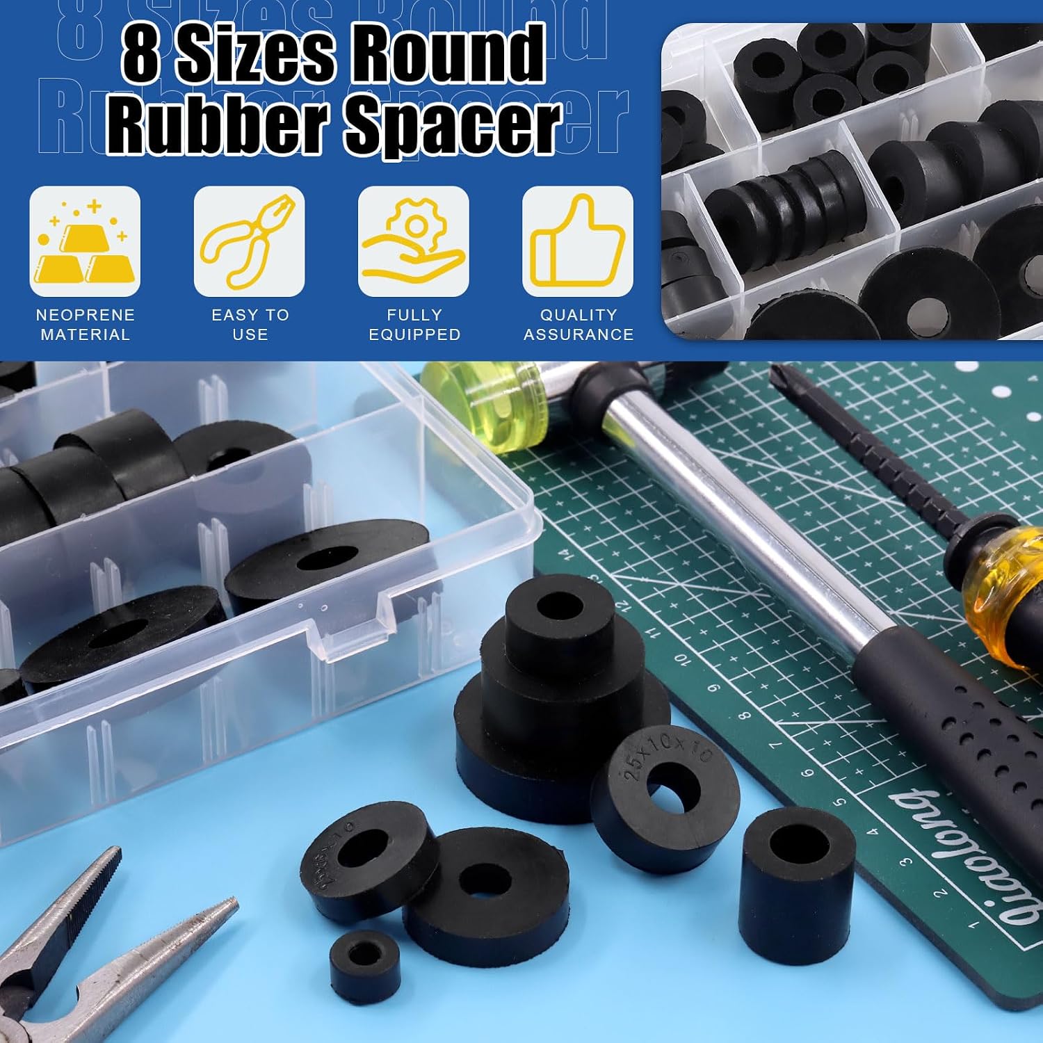 Glarks 40Pcs 8 Sizes Round Rubber Spacer Assortment Kit, Multi Purpose Black Round Neoprene Washers Anti Vibration Rubber Spacer Bushings for Electrical Repair and Home Car Accessories
