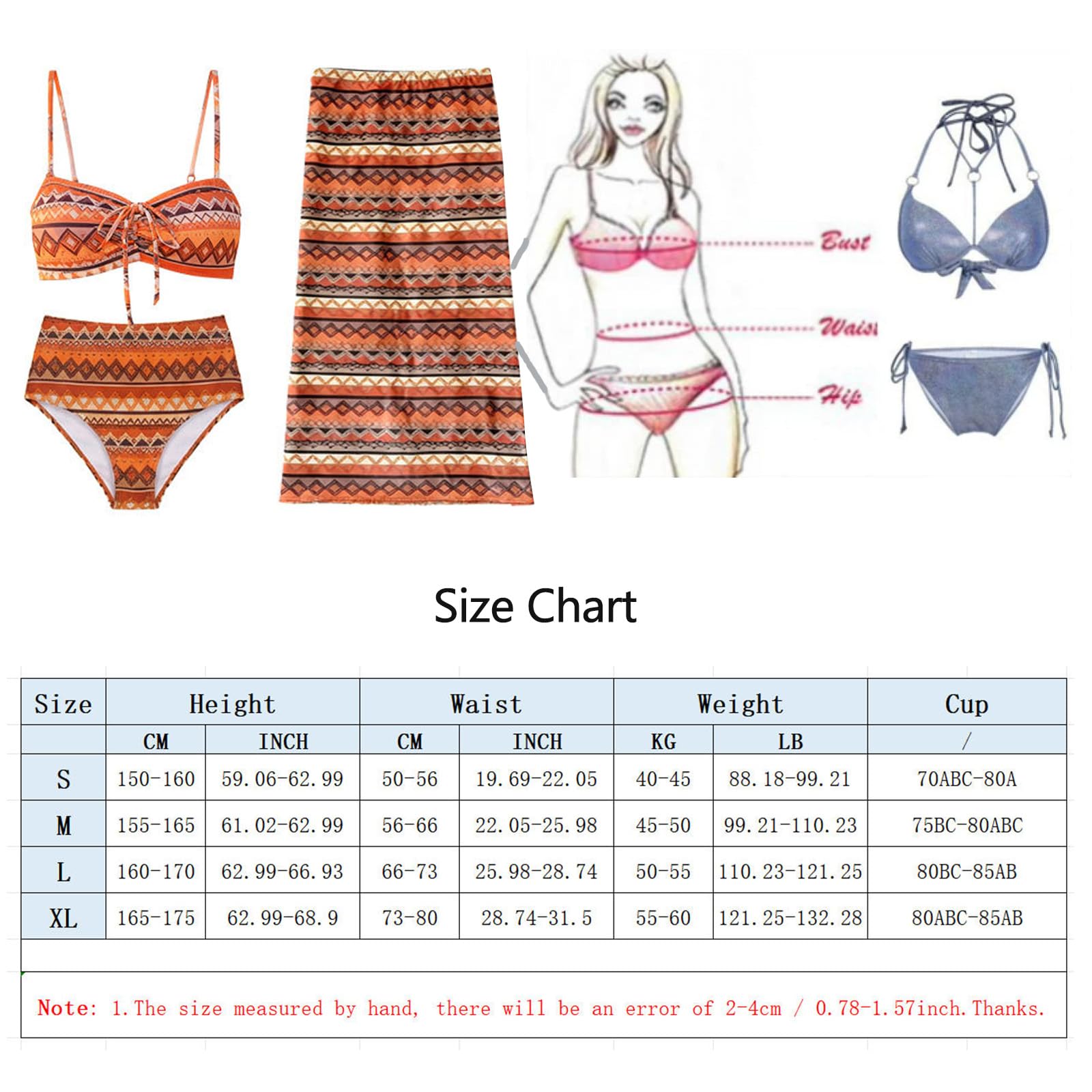 Kolorowy seksowny zestaw bikini 3 elementy długą spódnicą rozcięciem