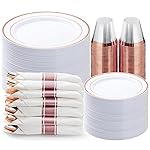 BESTVIP 350PCS Rose Gold Plastic Dinnerware Set, Disposable Party Plates for 50 Guests, Include: 100 Plastic Plates, 50 Pre Rolled Napkins with Rose Gold Silverware, 50 Cups for Christmas, Halloween