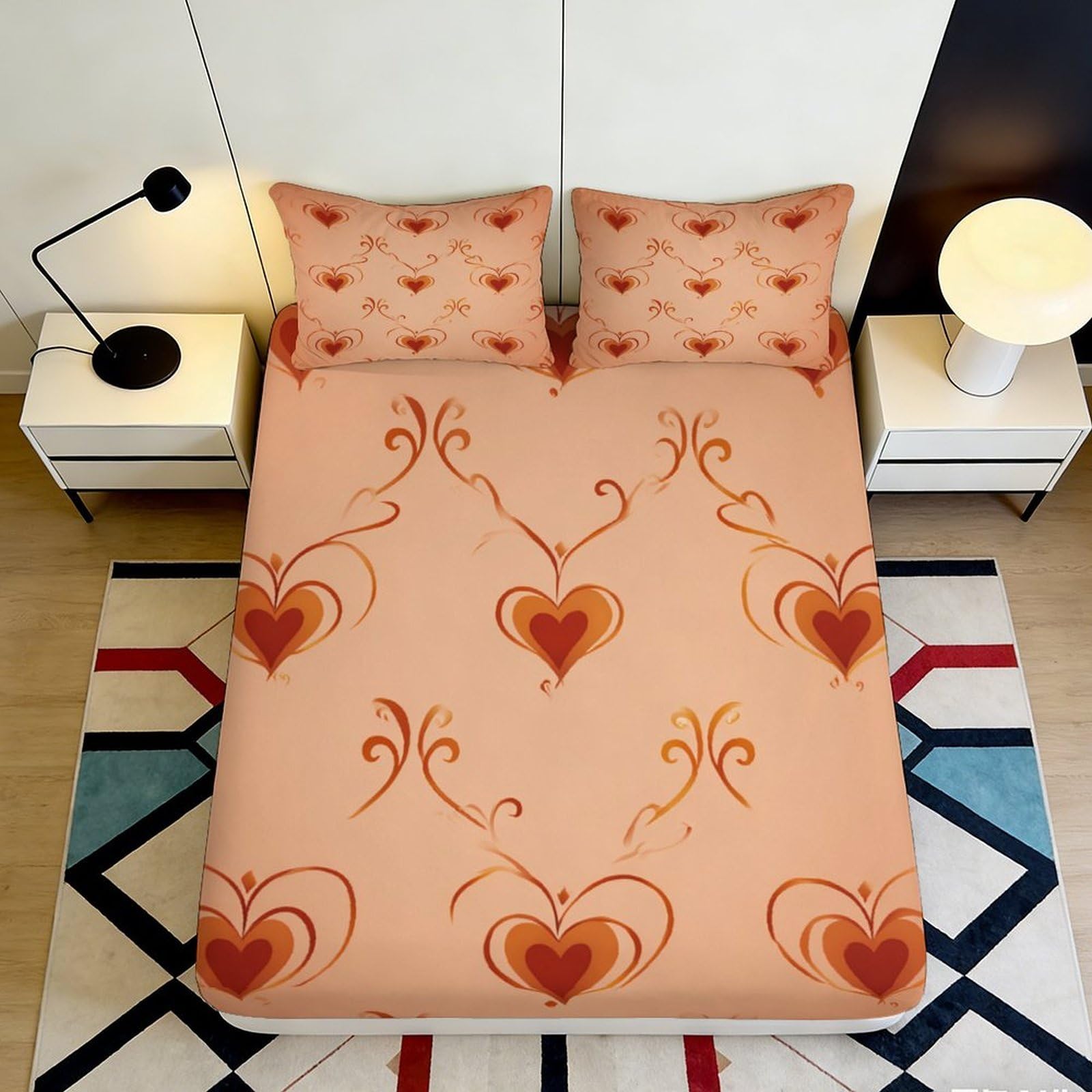 3D Printed Orange Heart Pattern Fitted Sheet Microfiber Non-Slip Mattress Cover for Bedroom Dorm Machine Washable 160x200x25cm