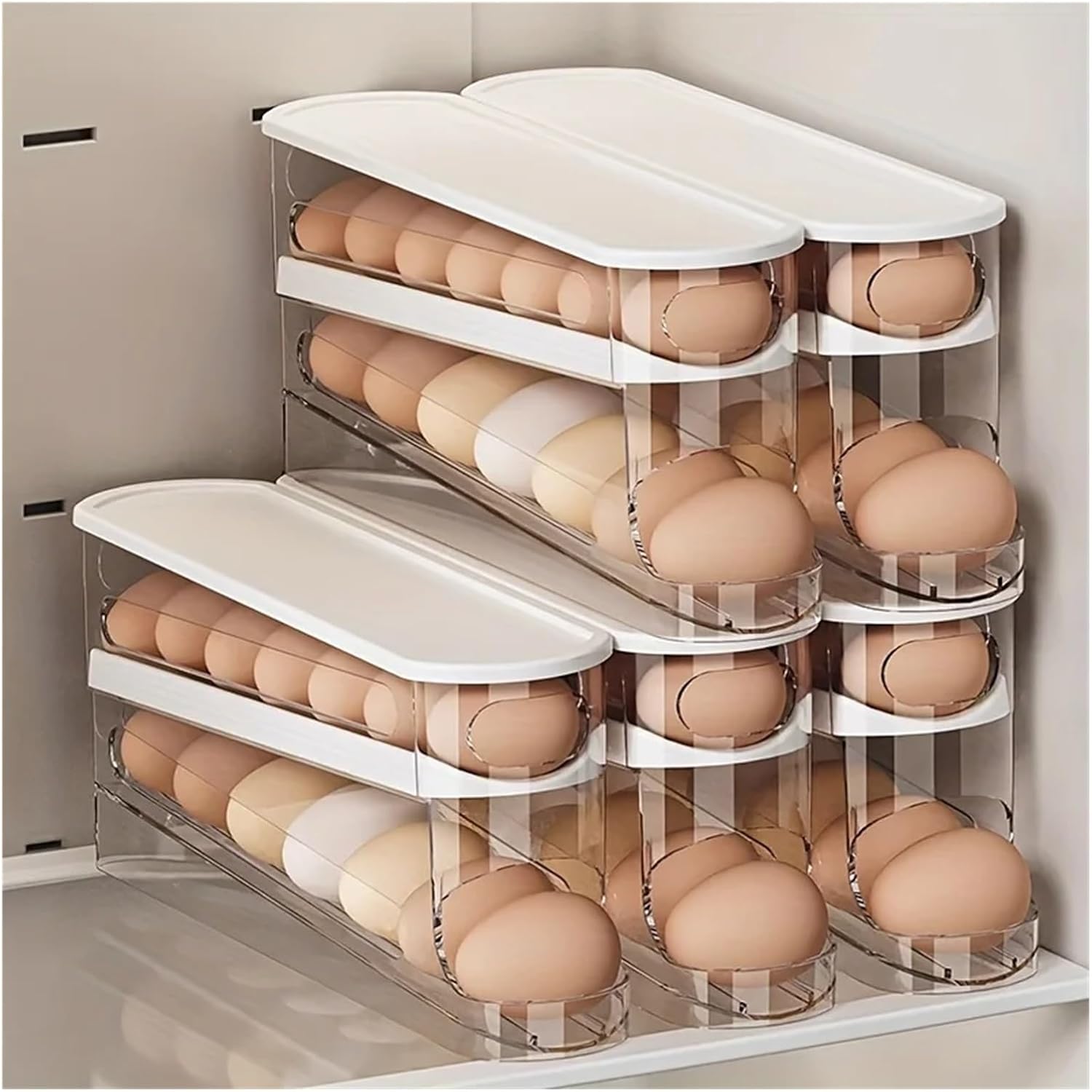 1Pcs Refrigerator Door Egg Storage Box Keeping Fresh Space-Saving Organizer, Automatic Flipping Rack For 30 Eggs