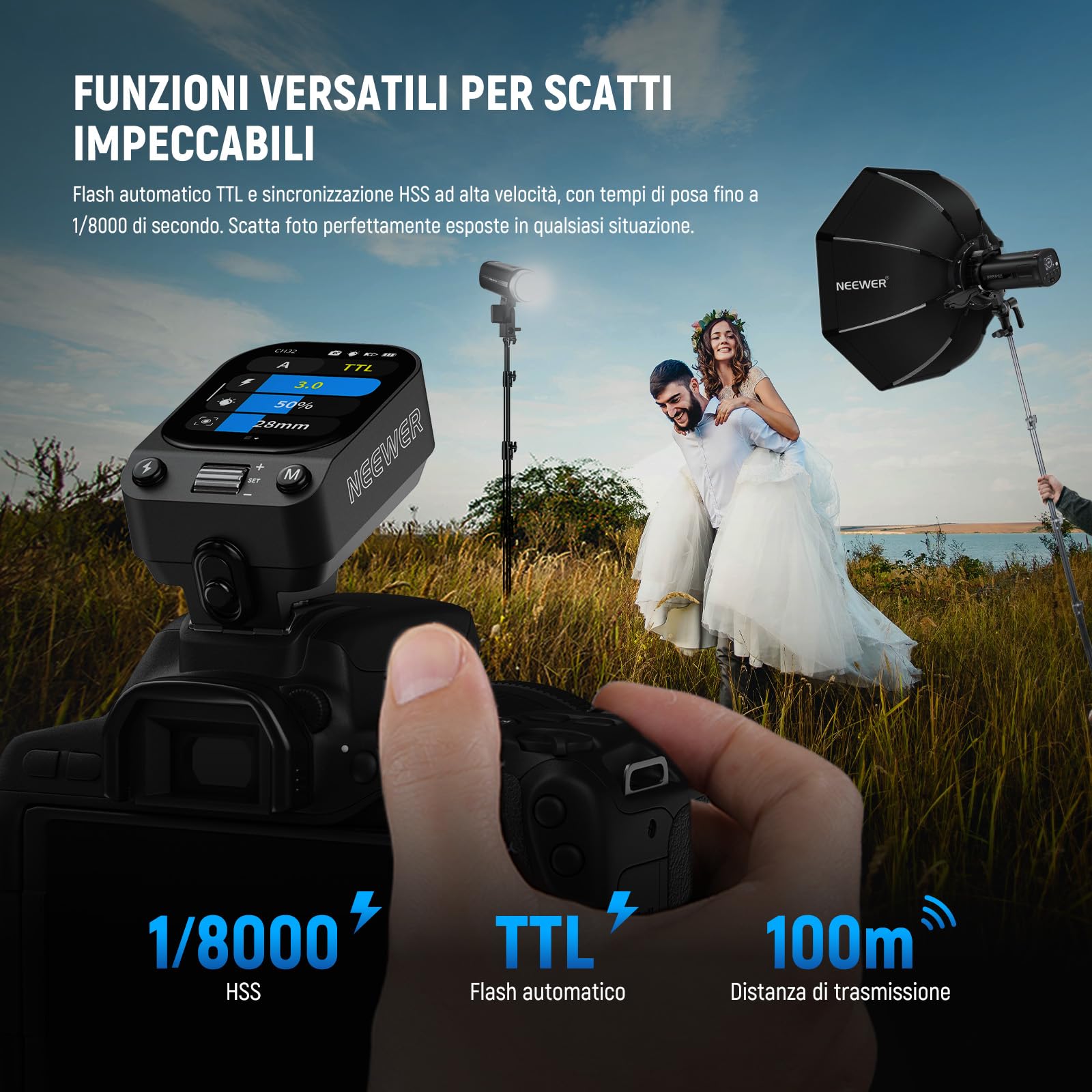 NEEWER QZ-C Trigger Flash Wireless 2.4G TTL Compatibile Con Canon, Godox IT32 V1 V100 AD200 Pro II, Trasmettitore Flash Hot Shoe Con Touchscreen OLED, 1/8000s HSS, Batteria 1000mAh, Interruttore CM
