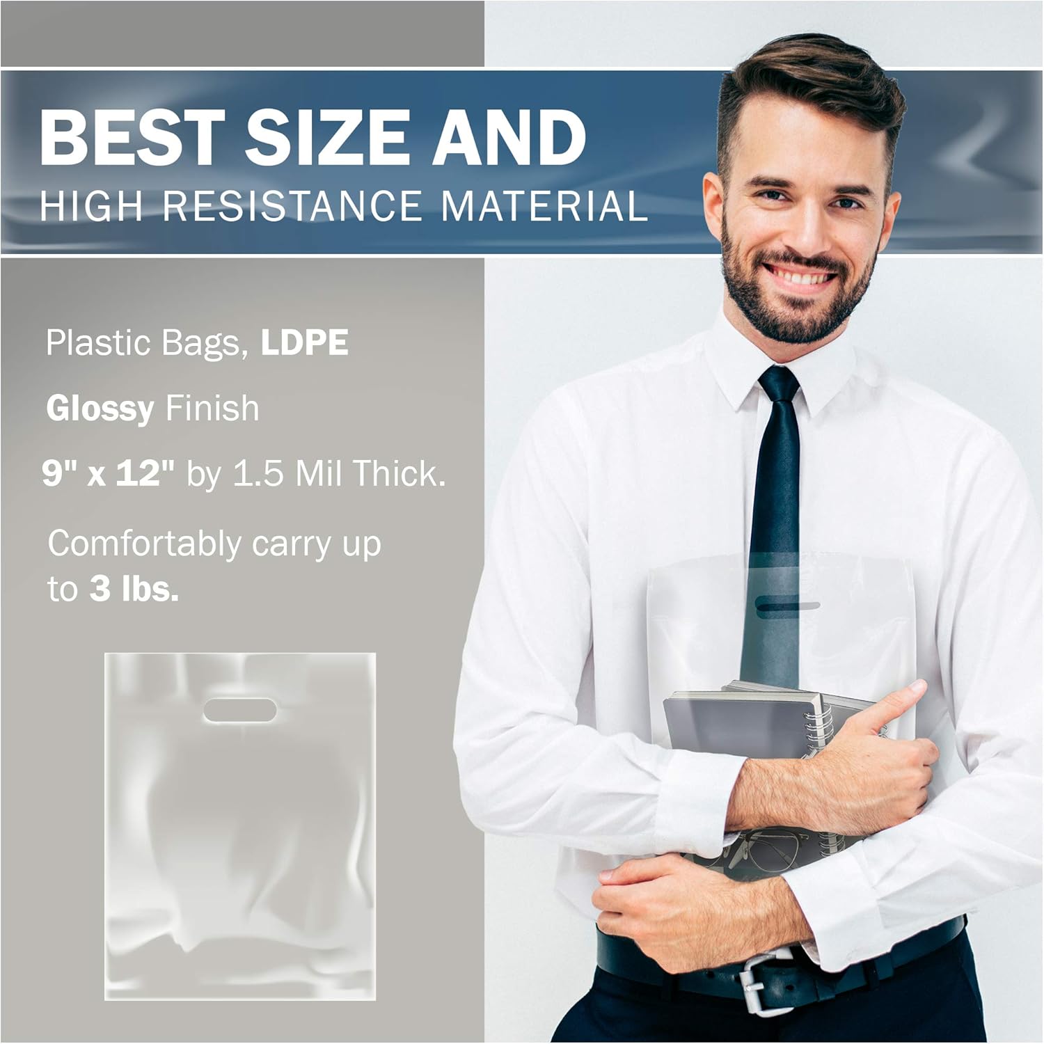 9x12 Clear Plastic Merchandise Bags, Glossy Finish, Small Retail Size, 200 Pack, 1.5 Mil Thick, with Die-Cut Handles by PPB