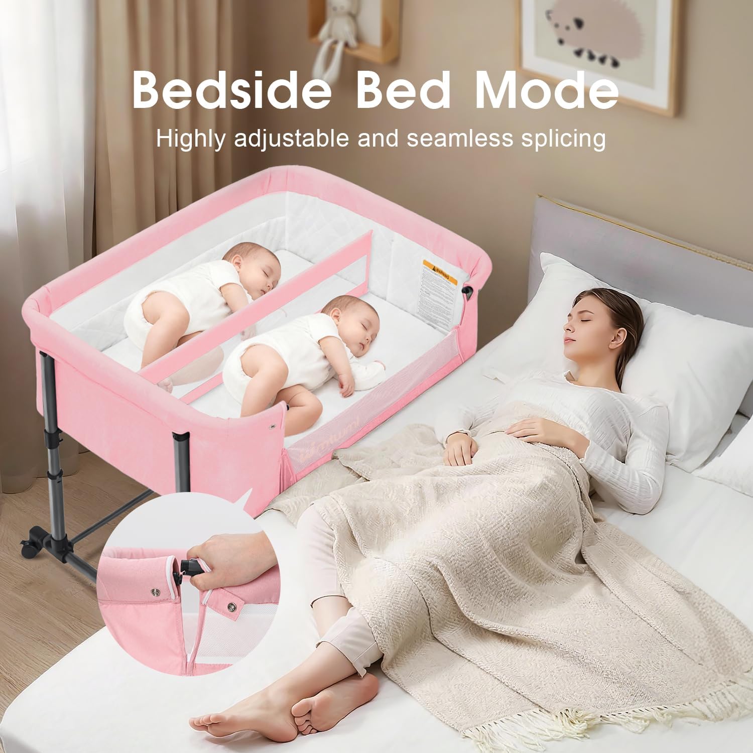 MTWML Twin Bassinet for 2 Babies,Portable Twins Crib with Storage Bag and Replaceable Mattress Cover,Adjustable Height Double Bedside Crib Attaches to Bed with Strap for 0-6 Months (Pink) | Twin Bassinet, Portable Crib, Replaceable Cover, Adjustable Height, More color