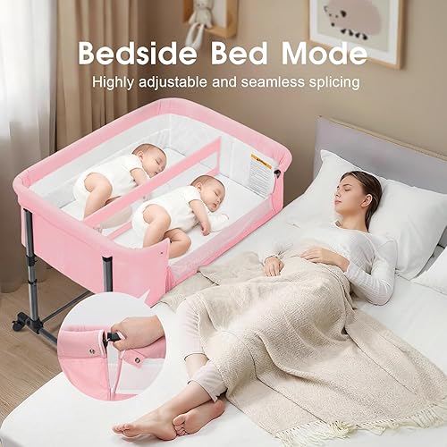 Miniatura 2 de MTWML Cuna gemelar para 2 bebés, cuna portátil para gemelos con bolsa de almacenamiento y funda de colchón reemplazable, cuna de cama doble