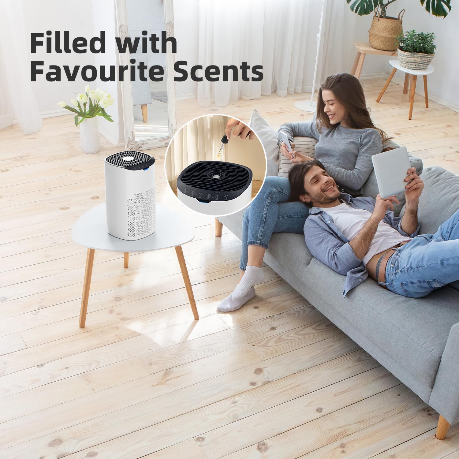 Image showing how to add essential oils to the aromatherapy pad of the OMISOON Air Purifier.