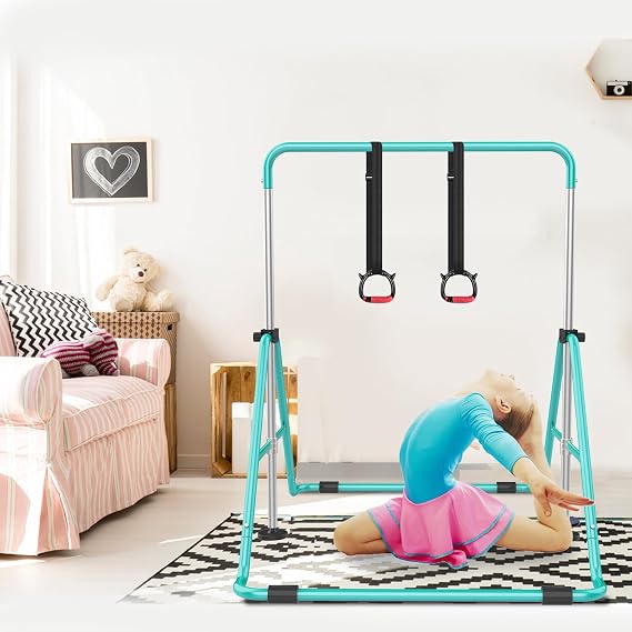 RINREA Gymnastic Bars for Kids, Adjustable Height Horizontal Bar for Home | 5-Height 35-51, Foldable & Space-saving, Indoor Outdoor Training Kip Bar, with Gymnastics Rings & Gymnastics Pad