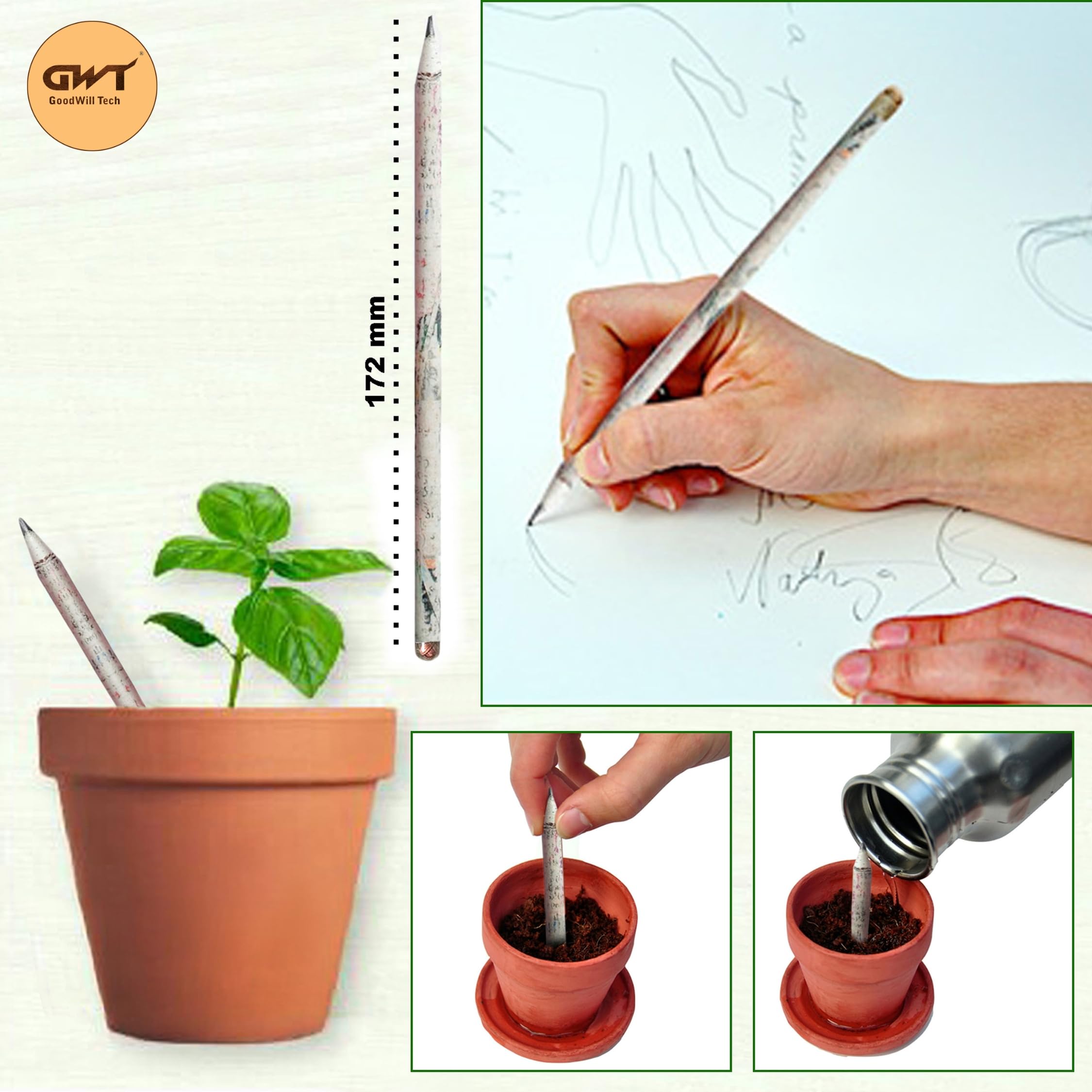 GoodWill Tech Seeds Pencil-Recycled News Paper-Eco-Friendly-Plantable Pencils Old Newspaper (Seed Pencil, 10) 4