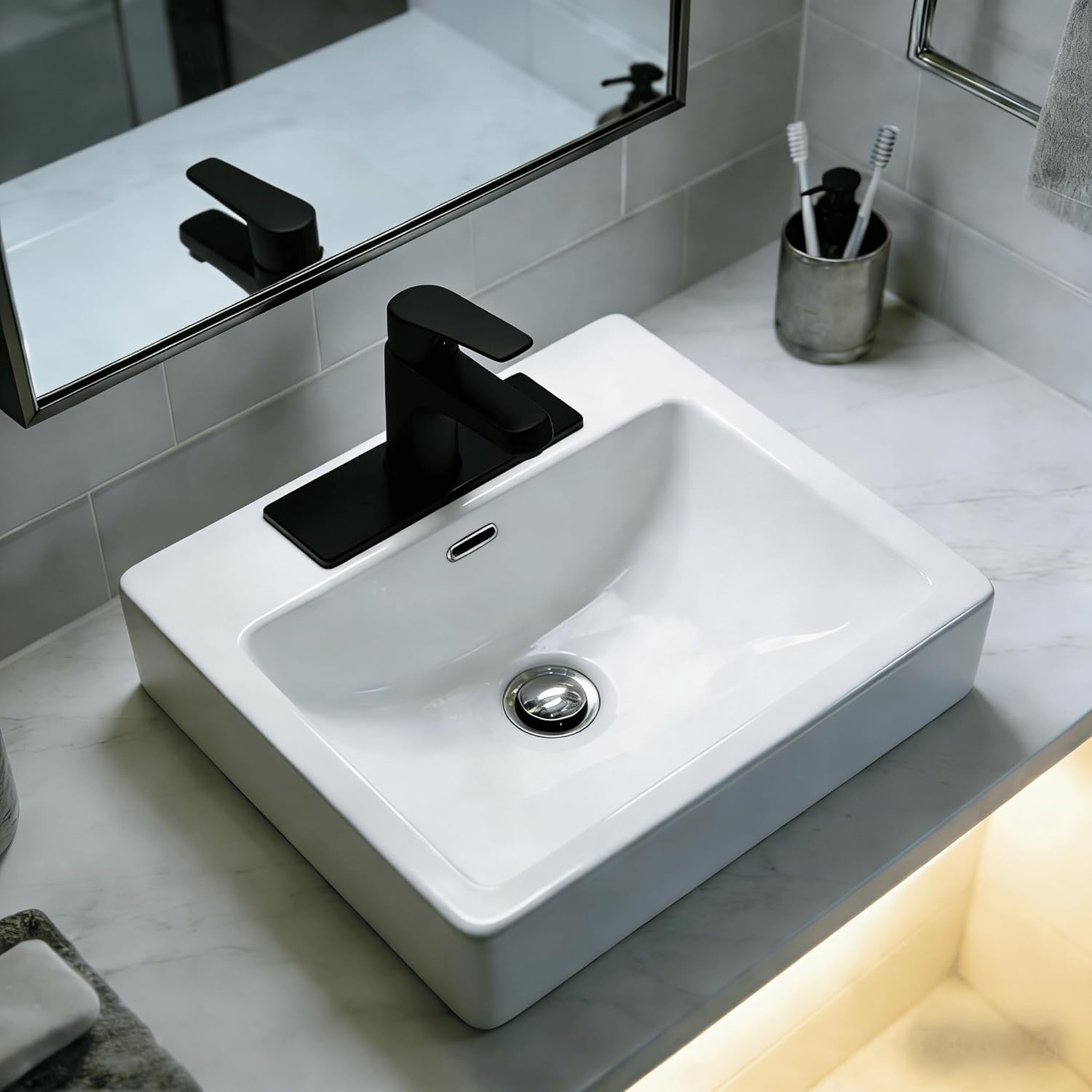 6 Inch Sink Hole Cover Deck Plate Stainless Steel 3 to 1 Bathroom Faucet Escutcheon Rectangle Vanity Mount (Black)
