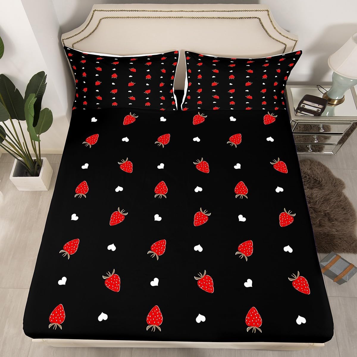 Erosebridal Strawberry Bed Sheets Queen Size Red and Black Kawaii Strawberry Bedding Set for Kids Girls Women Bedroom Decor Children Cute Sweet Tropical Fruit Sheet Set Soft Fitted Sheet 4Pcs - Image 2