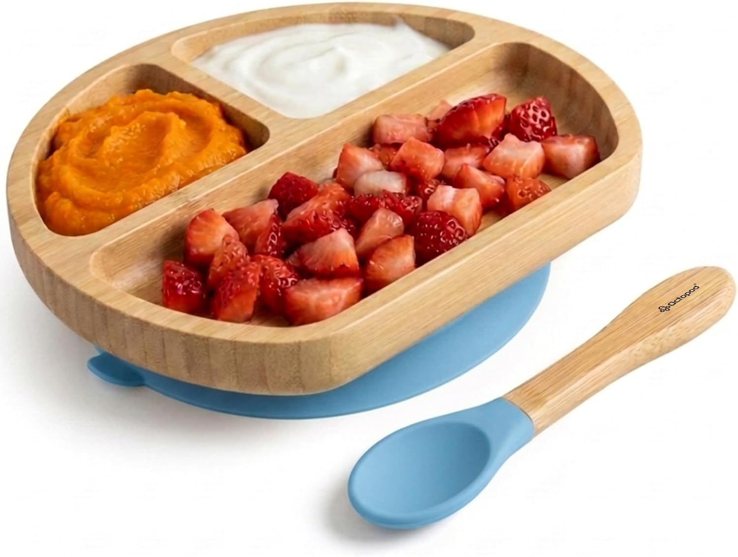 Abiie Octopod Bamboo Dish - Kids Plates for 4 months and up, 3-Compartment Baby Plates with Suction, Triangle Bamboo Baby Plate, Mess-Free Toddler Suction Plates, Baby Feeding Supplies, 8.3x1.9x7.7 in
