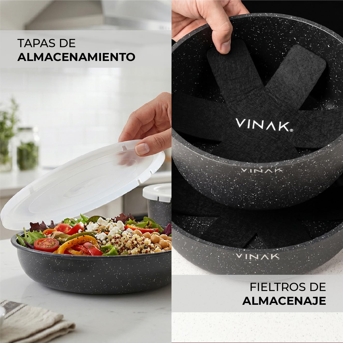 VINAK - Set de sartenes con mango extraible  antiadherentes | 11 piezas - Sartén 26 cm + 20 cm, Cacerola 18 cm, Tapas Cristal/Almacenamiento, Utensilios Silicona | Inducción & Horno | Libre PFOA/BPA