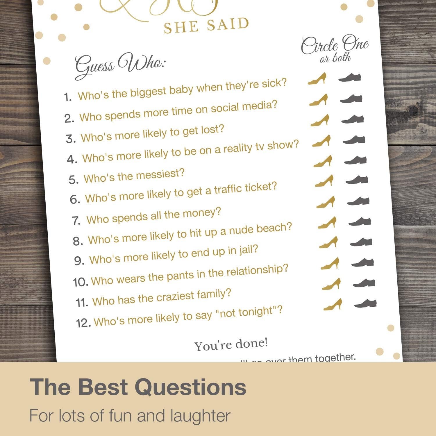 He Said She Said (50 Pack) - Bridal Shower Games - Wedding Shower Games - Wedding Games - Bachelorette Party Games - Gold