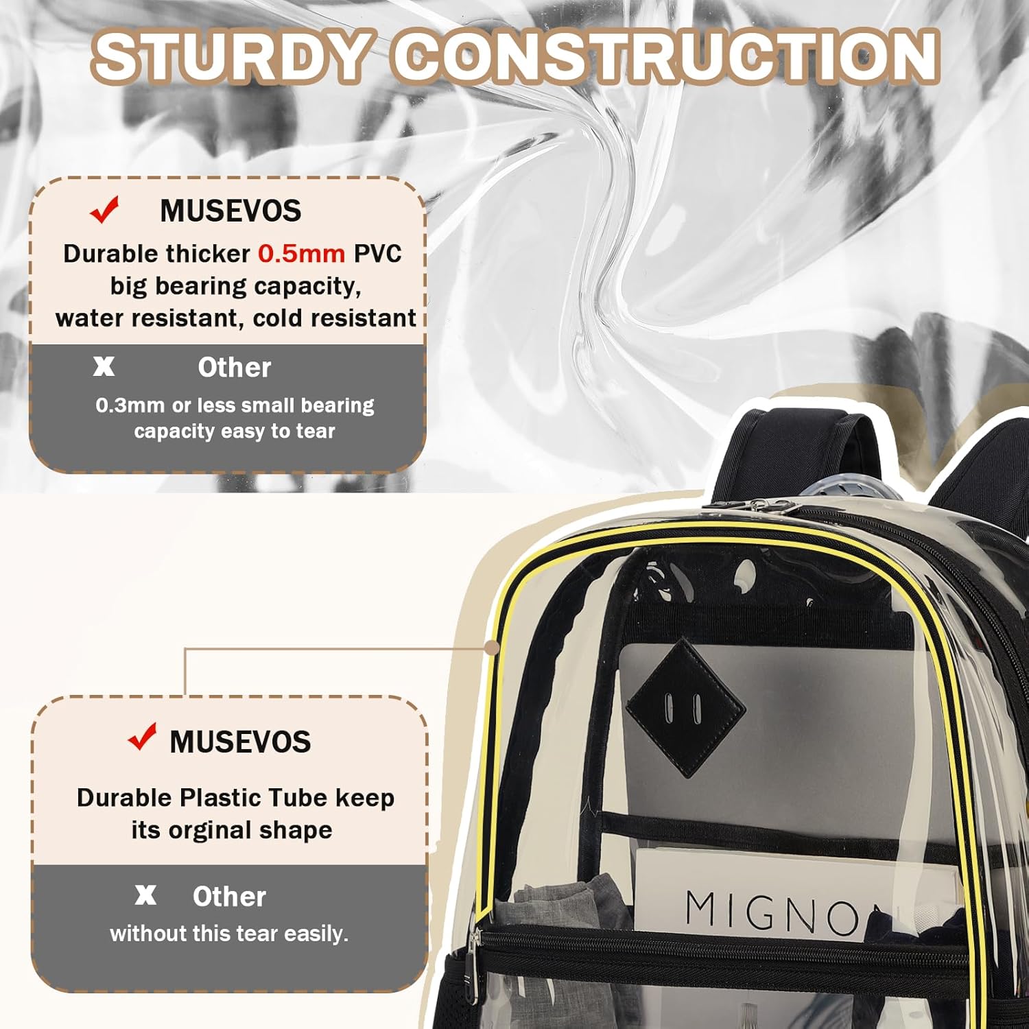 MUSEVOS Clear Backpack, Heavy Duty See Through Book Bag for Work, Security, Concerts, College Transparent PVC bookback Stadium Approved,Black(Semi-transparent)