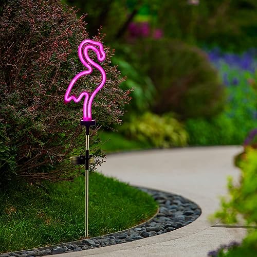 Miniatura 3 de Luces solares de estaca de jardín de flamenco, juego de 2 luces solares para exteriores para césped, patio, pasarelas, iluminación rosa neón (30