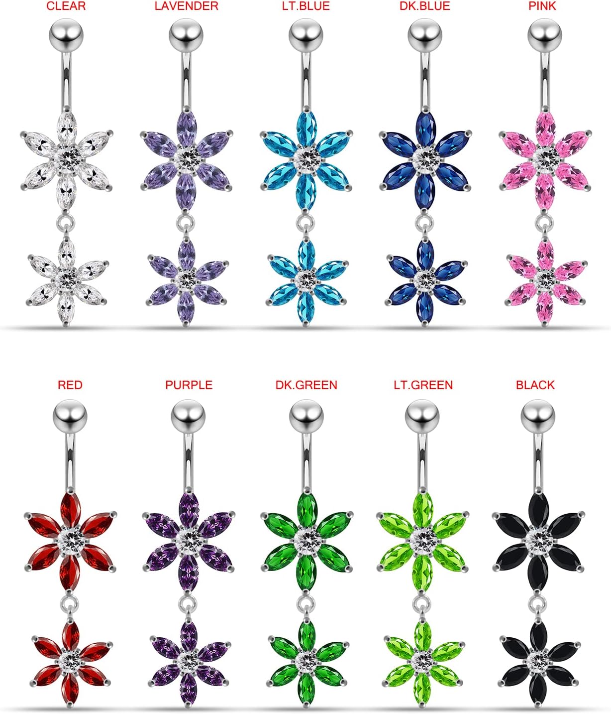 Stylish Double Six Petals Flower Dangling Design 925 Sterling Silver with Stainless Steel Belly Ring - Belly Button jewelry - Navel jewelry