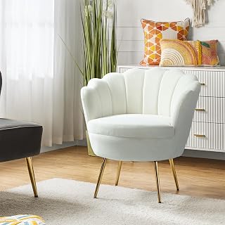 HULALA HOME Modern Velvet Accent Chair with Shell Shaped Back, Cute Living Room Bedroom Armchair Sofa Chair with Gold Legs, Comfy Upholstered Vanity Chair for Makeup Room, Ivory