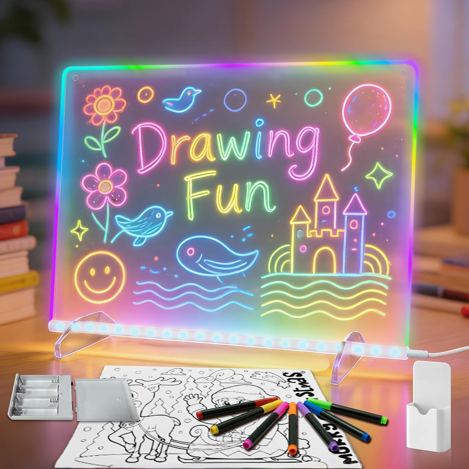 Led Note Board with Colors,16''Drawing Tablet,6 Modes & 8 Colors Light Up Drawing Board,13 Light Effects,Birthday Holiday Day Gifts for Girls & Boys Age 3+, Tracing Book (Purple)